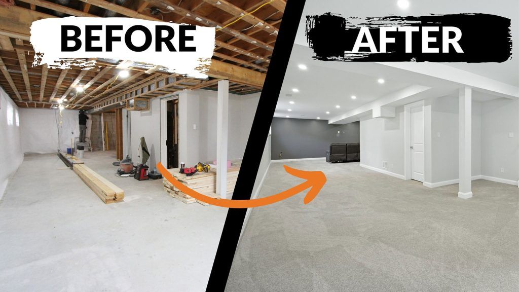Before and after basement finishing by Black Ridge Contracting in Des Moines Iowa showing unfinished space transformed into open living area with carpet and drywall